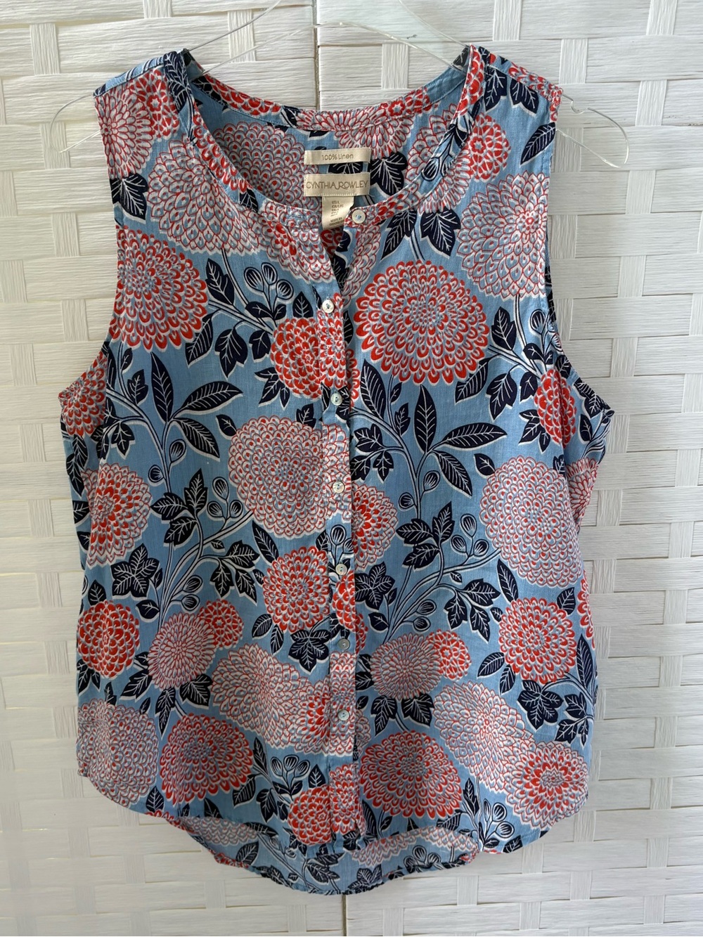 Cynthia Rowley Size L Linen Sleeveless Floral‎ Button-Front Top Cruise Beach